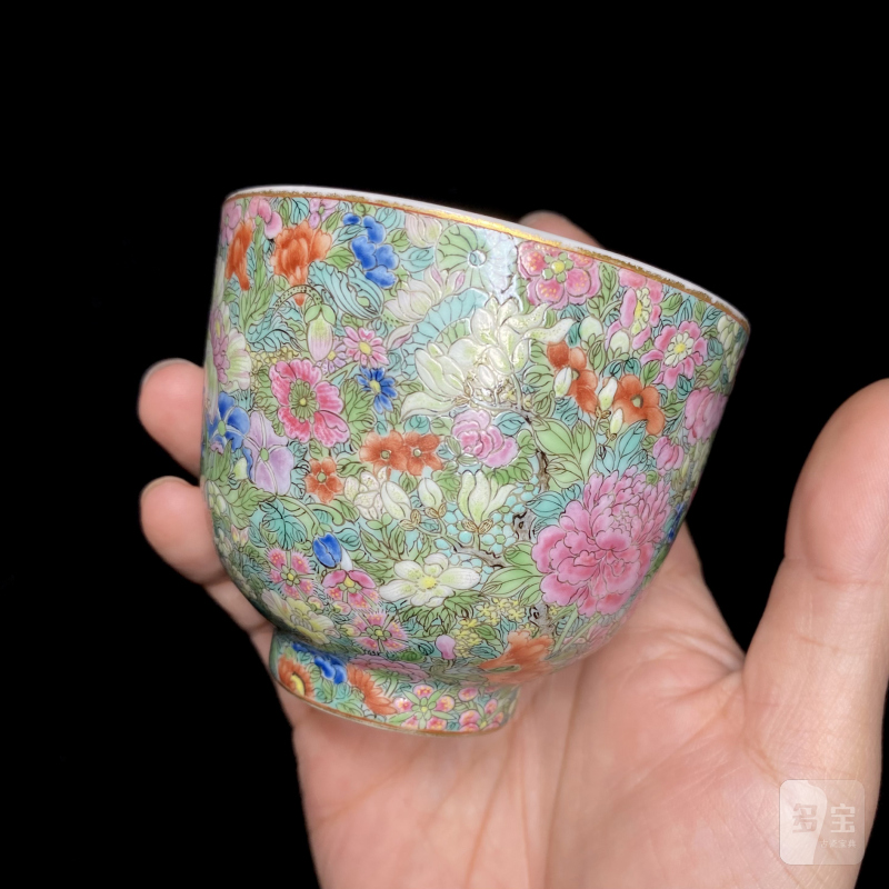 清嘉庆 粉彩百花不落地杯（一对） - 图15